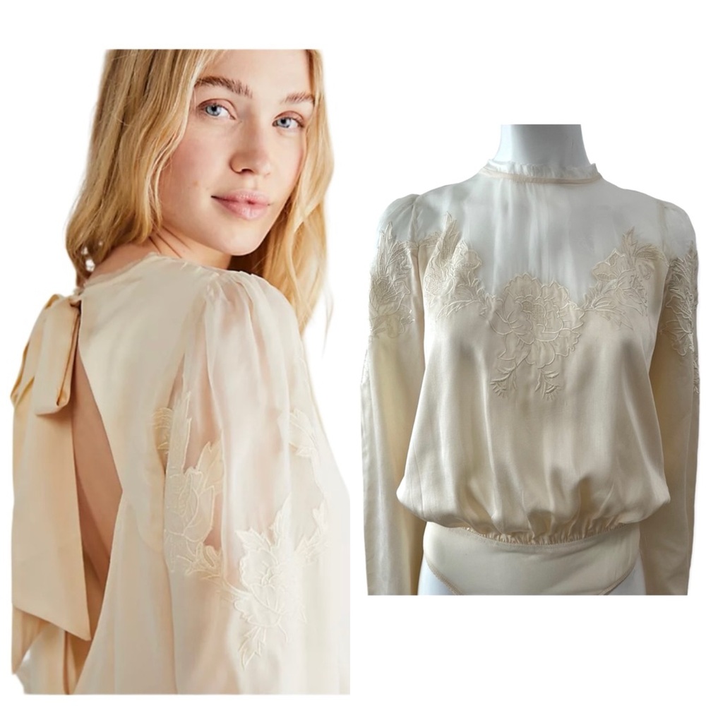 Free People Last Dance Floral Victorian Ivory Bodysuit